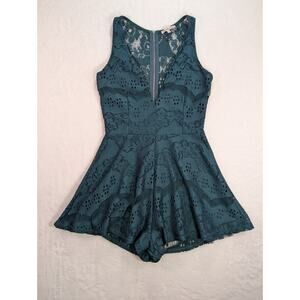 Emerald Green Lace Overlay Lined V-Neck Romper by Charlotte Russe Size XS